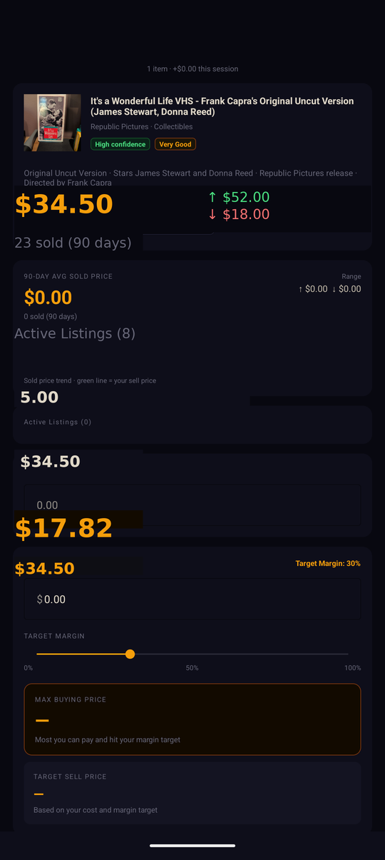 FlipCache analysis screen showing eBay pricing data and profit calculator
