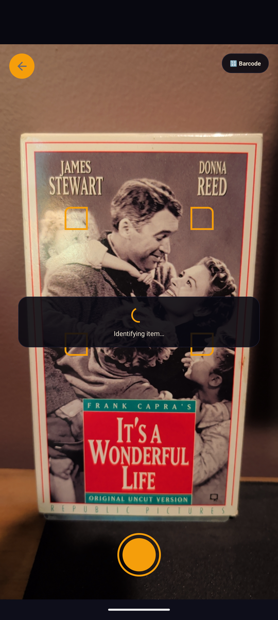 FlipCache camera screen identifying an It's a Wonderful Life VHS tape