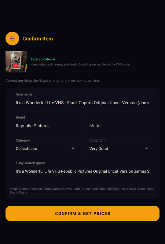 FlipCache confirm item screen showing AI identification of an It's a Wonderful Life VHS