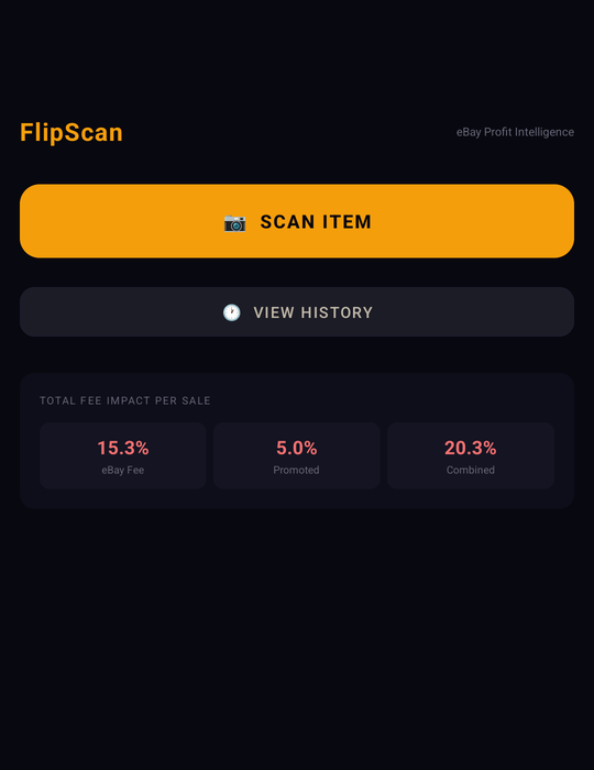 FlipCache home screen showing Scan Item button and fee breakdown