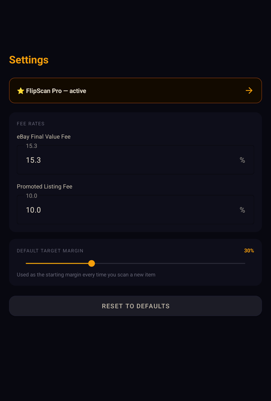 FlipCache settings screen showing fee rates and default margin slider